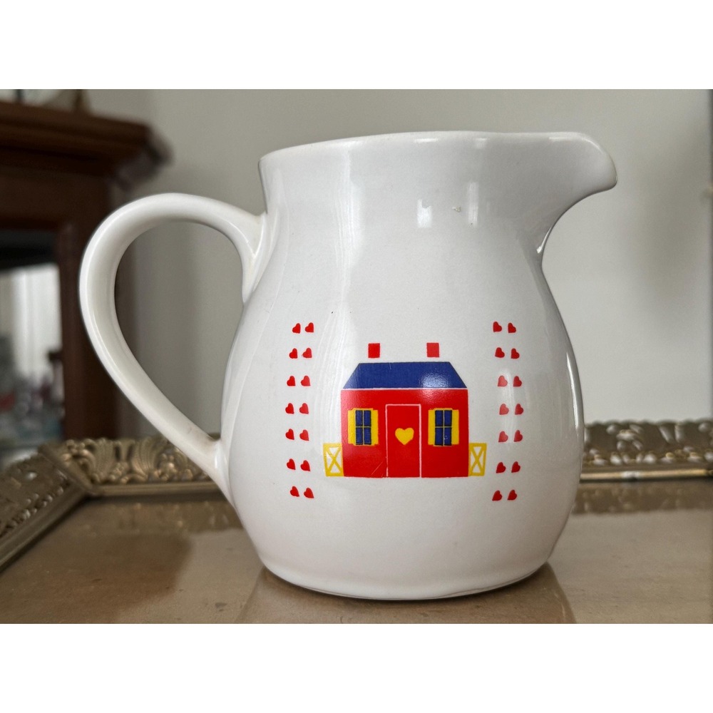 Vintage 1980s Country Farmhouse Style Pitcher with House and Hearts Motif - Picture 4 of 8
